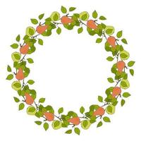 Pears Wreath circle of twigs with fruits orange and green, doodle, round frame with branches, leaves and fruits. vector