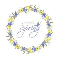 Hello Spring lettering card with wreath hand drawn doodle yellow and purple flowers. vector