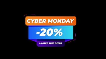 Cyber Monday sale sign banner for promo video. Sale badge. 20 percent off Special offer discount tags with Alpha Channel transparent background. video