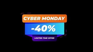 Cyber Monday sale sign banner for promo video. Sale badge. 40 percent off Special offer discount tags with Alpha Channel transparent background. video