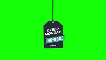 Cyber-Montag-Verkaufsabzeichen, das mit einem Seil hängt. Papieretikett mit transparentem Hintergrund des Alphakanals. video