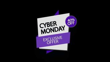 Cyber Monday sale sign banner for promo video. Sale badge. 40 percent off Special offer discount tags with Alpha Channel transparent background. video