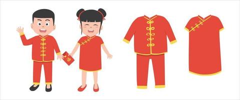 conjunto vectorial de imágenes prediseñadas de ropa de año nuevo chino. lindo niño chino y niña en ropa tradicional roja ilustración de vector plano de dibujos animados. el texto del sobre rojo significa buena suerte. concepto de año nuevo lunar asiático