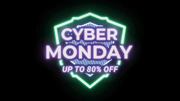 Cyber Monday Sale bis zu 80 Prozent Rabatt. neonlicht leuchtendes zeichenbanner für promo-video. Verkaufsabzeichen. Sonderangebot-Rabatt-Tags mit Alphakanal. video