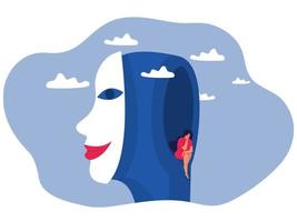 imposter syndrome, Girls with masks with happy or sad expressions. vector