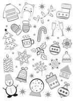 conjunto de elementos de vacaciones de invierno. dibujos de ilustración de garabatos navideños en negro. adecuado para decorar regalos, etiquetas de regalo, etiquetas, tarjetas, invitaciones. lindo conjunto moderno de íconos navideños. vector