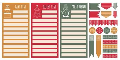 Christmas planner set. Cute Christmas and New Year menu, gift list, guest list and notes template. Note paper and stickers set with winter elements. Template for checklists, preparing for holidays. vector