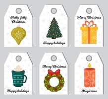 Redy to print Christmas gift tags with winter holidays atributes and greetings. Template for New 2022 Year, gift tags. Labels xmas set. Christmas labels for decorating gifts for winter holidays. vector