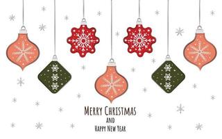 Christmas banner with ornaments. Merry Christmas and Happy New year greeting card. Garland with holiday decorations on white background. For cards, banners, headers, posters. Christmas festive vector. vector