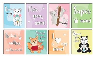 Set of cute illustrations for moms. Postcards or posters with inscriptions for the best mom. Cute animals mom with cubs to congratulate mom happy birthday, mother's day. vector