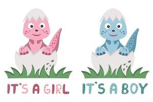 Cute funny newborn blue and pink dinosaur baby girl and boy in eggs. Hello baby concept for decorating a nursery, children's textiles. Cartoon clipart for baby shower invitation, poster. vector