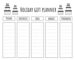 Printable holiday gift planner. Gift list printable for Christmas, Birthday gift giving. Gift planner with space for ideas, budget, gift purchased. Suitable for holiday organizers, gift buyers. vector