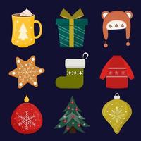 Collection of Christmas and New year design elements. Cup, gift, candle, sweater, hat, sock, Christmas tree toy. Set of winter icons. Design for prints, cards, posters. vector