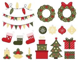 Set of Christmas and New year illustration with gifts and other decoration elements. Set of winter icons. Design for prints, cards, posters. Bright Christmas design elements collection. vector