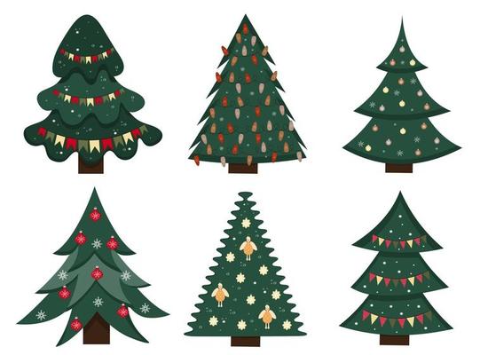 Set of Christmas tree. New Years tree with heralds, light bulb. Decorated xmas trees. Suitable for greeting card, invitation, banner, web. Elements for winter holidays decor.
