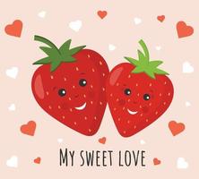 Romantic concept with couple of smiling Strawberry . Sweet fruits in love. Valentine's day cute love greeting card. My sweet love. Happy valentine day funny card. vector