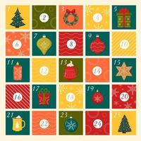 calendario de adviento de navidad de diciembre con elementos de vacaciones de invierno calcetines, taza de café, regalo, vela, mitones, juguetes de árbol de navidad. hora de los milagros navideños. cartel de navidad en estilo dibujado a mano. vector