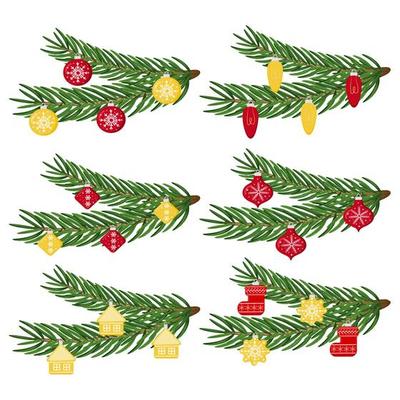 New Years and xmas traditional symbol tree with garlands, light bulb, star. Christmas tree branches with decorations. Suitable for postcards, web design, invitations, printing on flyers, tags.
