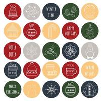 Christmas New Year gift round stickers. Collection of holiday christmas stickers in trendy collors. Labels xmas set. Christmas labels and stickers for decorating gifts for the winter holidays.