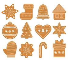 galletas de jengibre de Navidad aisladas sobre fondo blanco. conjunto de galletas navideñas. pasteles navideños, galletas de jengibre con decoración festiva. Adecuado para decoración de papel de regalo, tarjetas de felicitación. vector