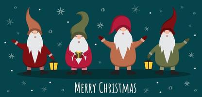 Merry Christmas and Happy New year greeting card with cartoon gnomes in hats. Four gnomes on a snowy background. Scandinavian, nordic style. vector