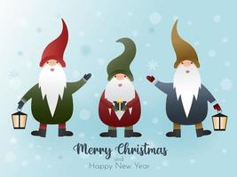 Cute Christmas card with cartoon gnomes in hats. Seasons greeting.Three gnomes on a snowy background. Winter holiday vector illustration for a postcard. Scandinavian Christmas.