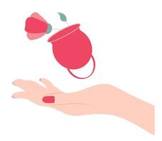 Hand with a menstrual cup. Menstrual cups with flower. Eco protection for woman in critical days vector