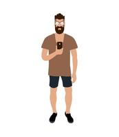 Hipster man making selfie. Cartoon character with beard in brown t-shirt and black shirts. EPS 10 Vector. vector