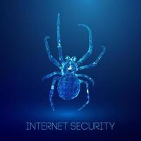 Virus spider in low poly style on blue background. Cybercryme technology network web vector illustration. Internet fraud abstract vector background. Cyber criminal hacker attack.