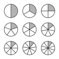 Fractional circle line chart icon. Ratio and some linear vector icons. The round shape of a pie or pizza is cut in slices of the same shading line. Linear illustration of a simple business chart.