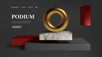 Abstract gold torus on luxury mock up stage. Platform vector 3d render podium.