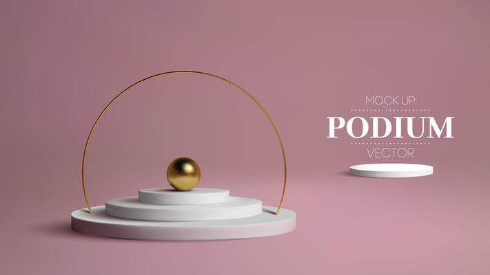 Podium with gold frame on pink background. 3d golden sphere vector. Award winner Platform studio 3d Vector stage.