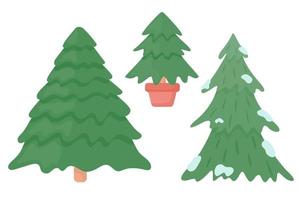 A set of Christmas trees - a big Christmas tree, a small Christmas tree in a pot, a Christmas tree in the snow. Vector illustration of a flat style.