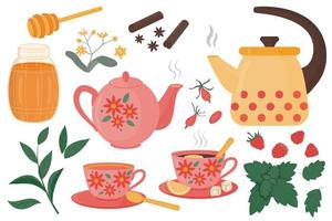 Collection of tea time elements. Vector illustrations of a tea set with various elements - mint, raspberry, hawthorn fruit, honey, cinnamon, lemon, sugar on a white background.