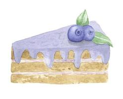 a piece of watercolor-style cake. The cake is cut. Purple color, blueberry cake, birthday cake. Watercolor illustration. vector