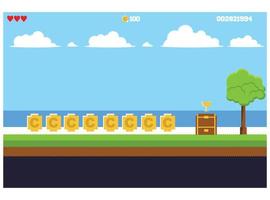 pixel art game scene with land, grass, trees, sky, clouds, characters, coins, treasure chests and 8-bit hearts vector