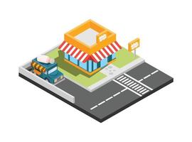 Vector isometric icon or infographic element representing low poly fast food restaurant with car park and neon advertising sign. Suitable for Diagrams, Infographics, And Other Graphic assets