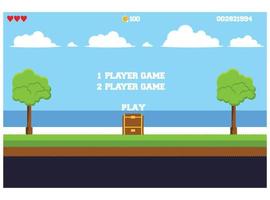 pixel art game scene with land, grass, trees, sky, clouds, characters, coins, treasure chests and 8-bit hearts vector