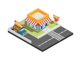 Vector isometric icon or infographic element representing low poly fast food restaurant with car park and neon advertising sign. Suitable for Diagrams, Infographics, And Other Graphic assets