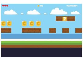 pixel art game scene with land, grass, trees, sky, clouds, characters, coins, treasure chests and 8-bit hearts vector