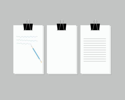 a set of paper for drawing and writing with a pencil and a paper clip on a transparent background