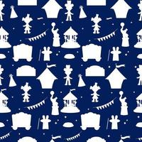 Seamless circus silhouette pattern on blue background. Circus with elements of carousel, tent, clown vector