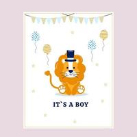 Postcard baby shower is a boy with a cartoon lion. Vector