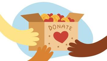 People are holding a donation box with coins and hearts. vector