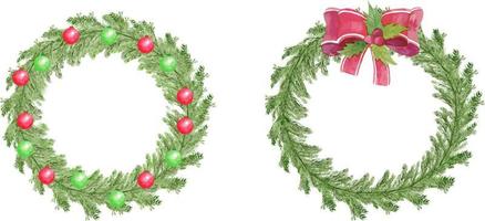 Set of traditional watercolor christmas pine tree wreath with red and green balls. Xmas wreath with dry branches vector