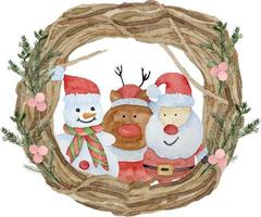 Traditional watercolor christmas wreath with dry branches and Santa Claus, snowman and a deer decor vector