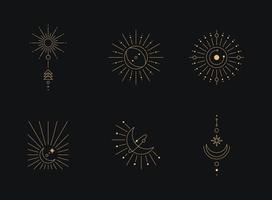 Set of moon and sun line art. Minimal boho linear symbols. Celestial mystic element. Vector line art illustration.