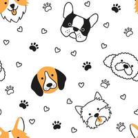 Dogs seamless pattern with face of different breeds. Corgi, Beagle, French bulldog, Poodle. Texture with dog heads. Hand drawn vector illustration in doodle style on white background