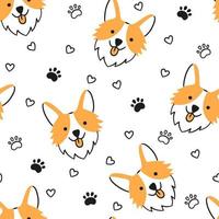 Dogs seamless pattern with face of Corgi. Texture with dog heads. Hand drawn vector illustration in doodle style on white background