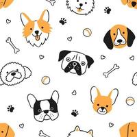 Dogs seamless pattern with face of different breeds. Corgi, Beagle, Chihuahua, Poodle. Texture with dog heads. Hand drawn vector illustration in doodle style on white backgroun